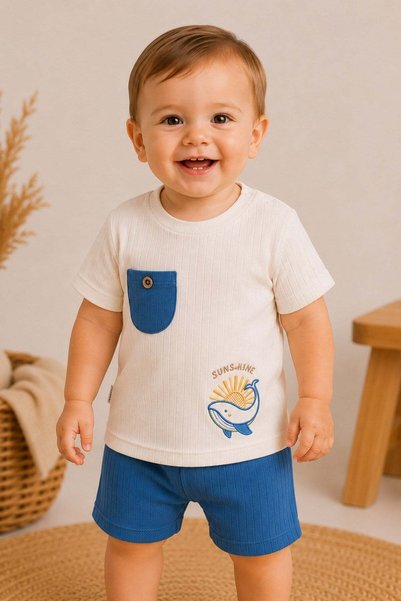 dinamik çocuk Baby Boy Sun Whale Embroidered Summer Ribbed 2-Piece Top and Bo...