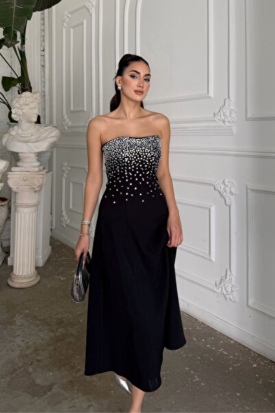 Sindimoda Sezay Taş İşleme Straplez Midi Elbise 1019