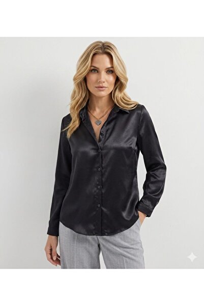 tülaybutik قميص نسائي أسود لامع من الساتان مقاس كبير