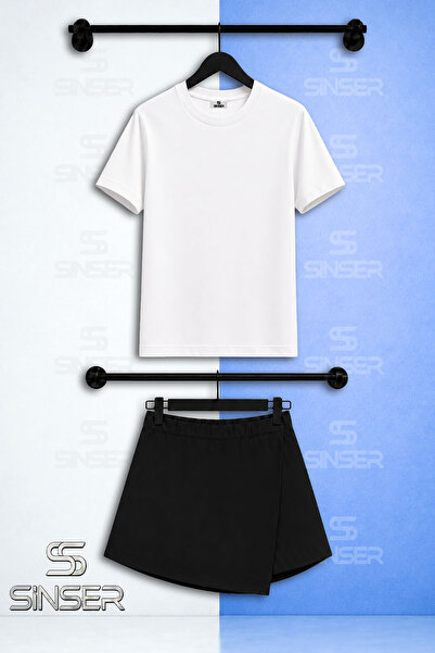 SS SİNSER Kiz Set Plain Unprinted Short Sleeve T-Shirt Shorts Skirt