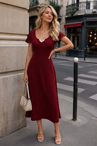 Mossta Short Sleeve V-Neck Viscose Dress - Burgundy