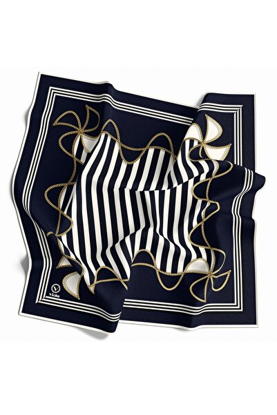 VİOLLA Kristal Geometrik Desenli Lacivert - İndigo Renkli 90x90 Eşarp (İpek İ...