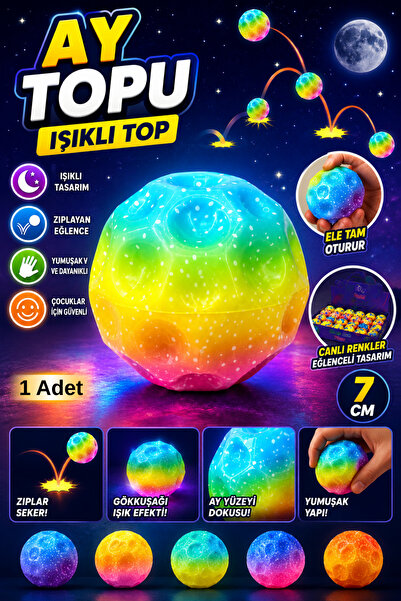 Tamsena Store Ay Topu Işıklı Zıplayan Oyuncak Top 7 CM Renkli Eğlence Topu Ço...
