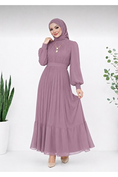 ASTEMİA Women's Pleated Chiffon Hijab Evening Dress Sb0019