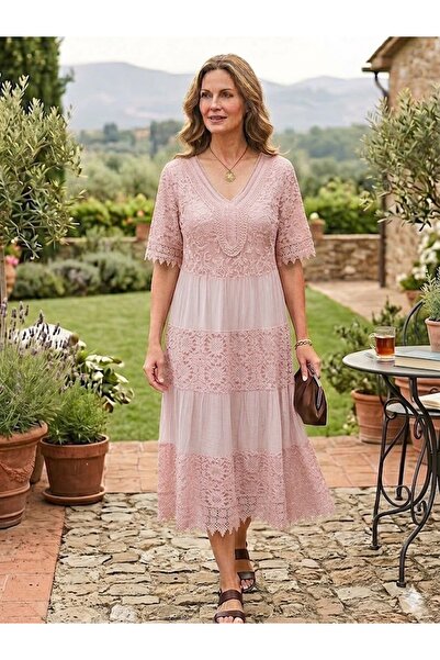 AYASOFYA OTANTIK Women's Italian Powder Sequin V-Neck Lace Midi Silk Dress