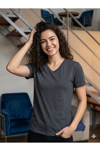 sis moda kısa kollu V yaka basic T-shirt