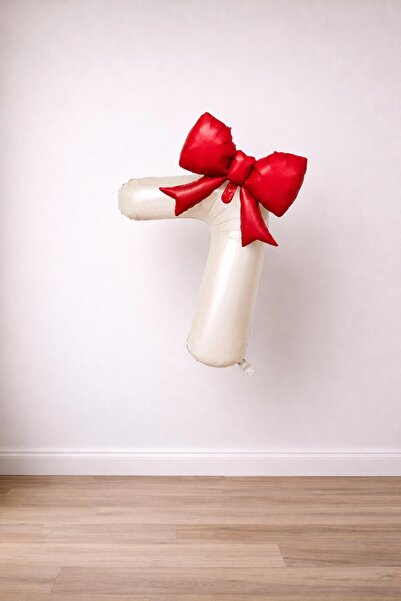 Patladı Gitti Red Bow & Cream 7 Number Foil Balloon Set