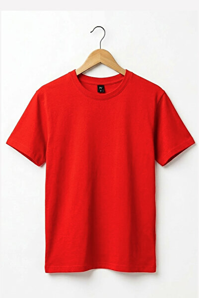 onsrawear تي شيرت أساسي أحمر اللون بدون طباعة من القطن بنسبة 100% ذو ياقة دائرية