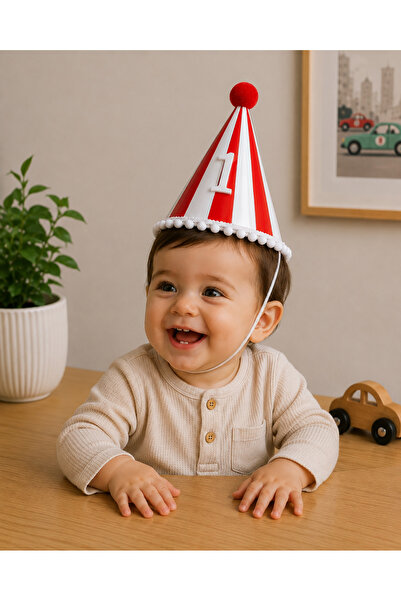 Partifabrik Red Striped 1 Year Old Party Hat Cardboard Hat 17 cm
