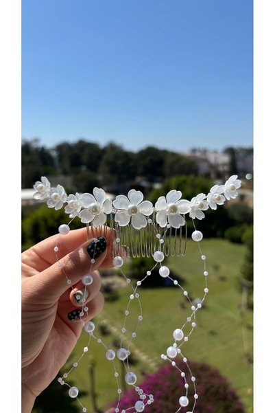 renaitre art Hair Vine, Long Bridal Hairpin with Pearls and Vines, Bridal Crown, Elegant Design Hairpin 40cm Vine