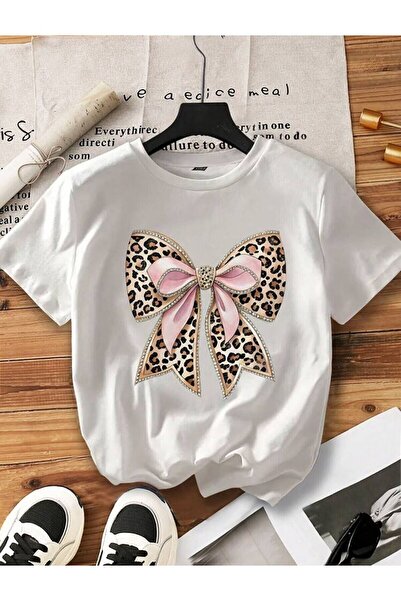 Trend Sizde Μπλουζάκι Unisex με στάμπα λευκού λεοπάρδαλης και φιόγκο