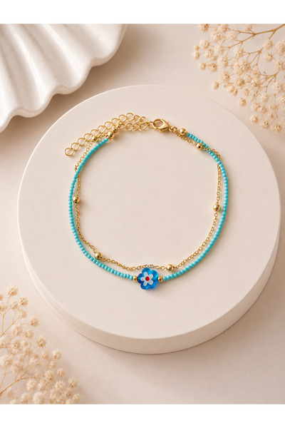 HALHALMILL Blue Red Glass Murano Double Anklet