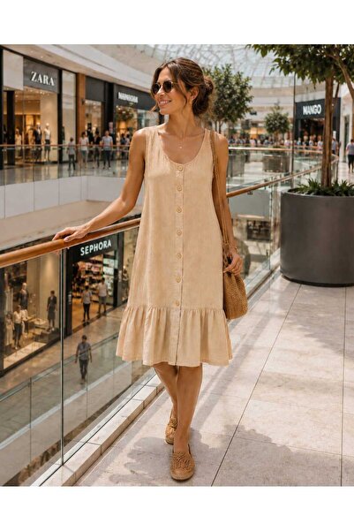 MODA relax fit keten görünümlü elbise,midi elbise,askılı elbise