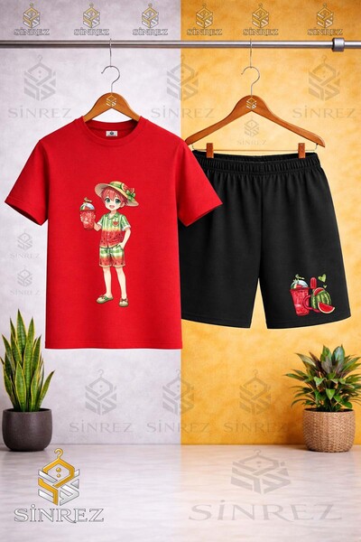 SİNREZ Crew Neck Kids' Men's Watermelon Combination Printed T-Shirt - Shorts Set