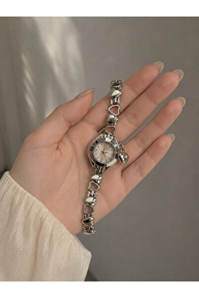 MİNPO Çelik Pinterest Model Beyaz Kadran Kalp Charm Vintage Saat