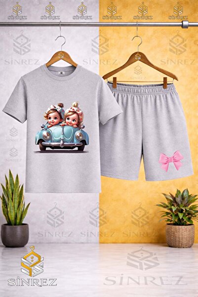 SİNREZ تي شيرت مطبوع عليه Bicycle Collar ARABA 2LI GIRL CUTE - طقم شورت