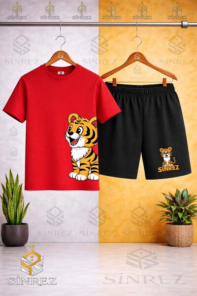 SİNREZ Crew Neck Kids' T-Shirt with Tiger Yanda Print - Shorts Set
