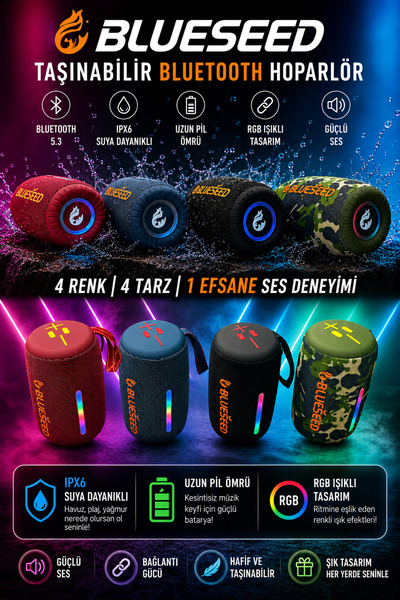 blueseed BS-301 Bluetooth Hoparlör RGB Ses Bombası Portatif Tasarım RGB Speaker