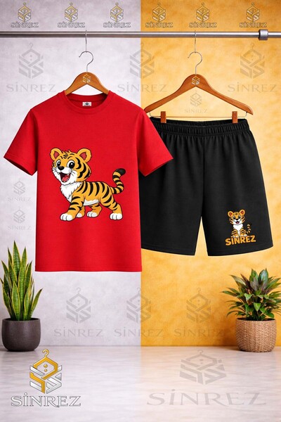 SİNREZ Crew Neck Kids' T-Shirt with Tiger Standing Print - Shorts Set