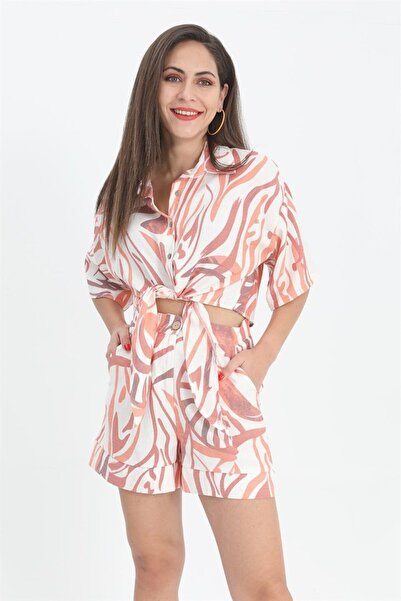 VELİZADE Women's Orange Patterned Linen Shirt with Front Tie Polo Collar Summ...
