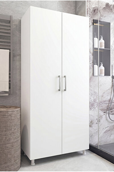 MONTENERO Banyo Dolabı Süpürgelik Kova Deterjan Saklama 2 Kapaklı Çok Raflı B...
