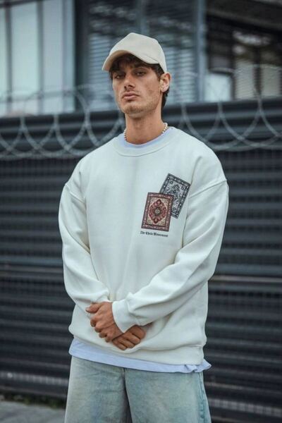 Generic Brand Men's 3-Thread Cotton Crew Neck Printed Sweatshirt - White