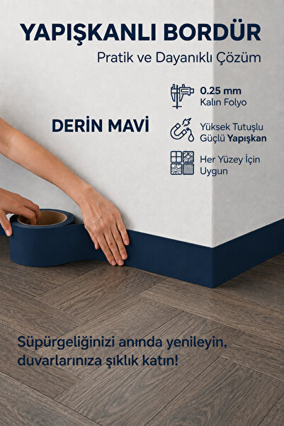 FixCaps Kendinden Yapışkanlı DERİN MAVİ Duvar ve Süpürgelik Bordürü 10 cm x 5...