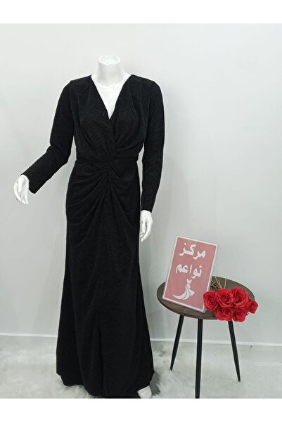 NAWAEIM Black Long Sleeve V-Neck Tiered Maxi Evening Dress