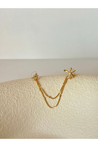 YOUES JEWELRY Çiçek 14K Altın Renk Zincir Detaylı Ear Cuff Kadın Küpe 1 ADET