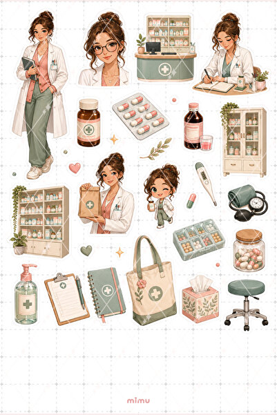 Mimu Art Studio Eczacı Sticker Seti Eczane İlaç Temalı Dekoratif 2'li Etiket