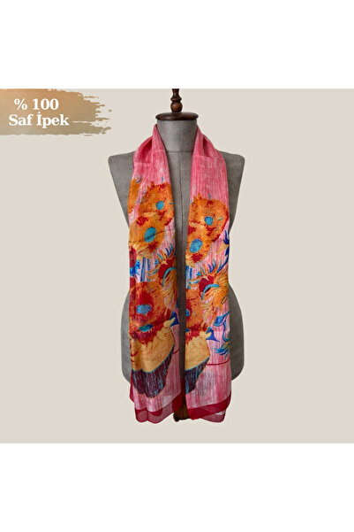 Pure Silk Atelier %100 Saf İpek Van Gogh Ayçiçekleri Desenli Lüks Fular - San...
