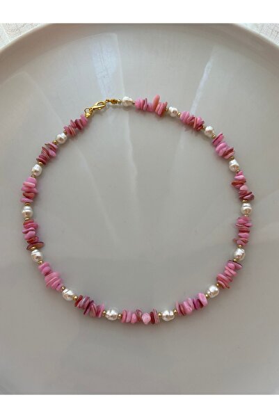 Anetta Jewelry Kadın pembe kuvars doğaltaş çelik tasarım kolye