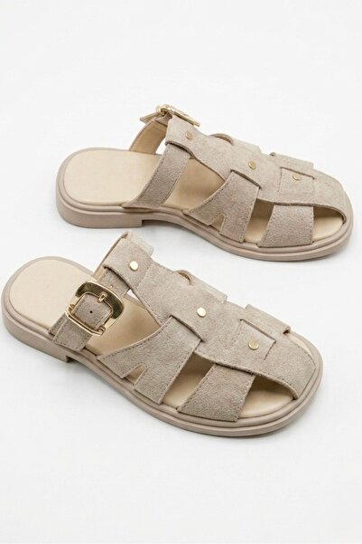 simplicity Beige Women's Suede Caged Slippers - Buckle Gladiator Slippers