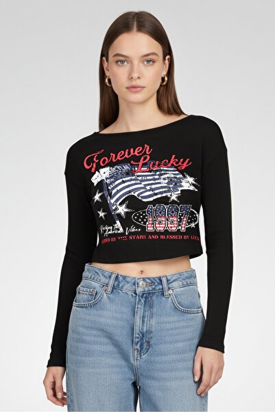 Don't Call Me Jennyfer Women Boat Neck Long Sleeve Graphic Print Top, Black