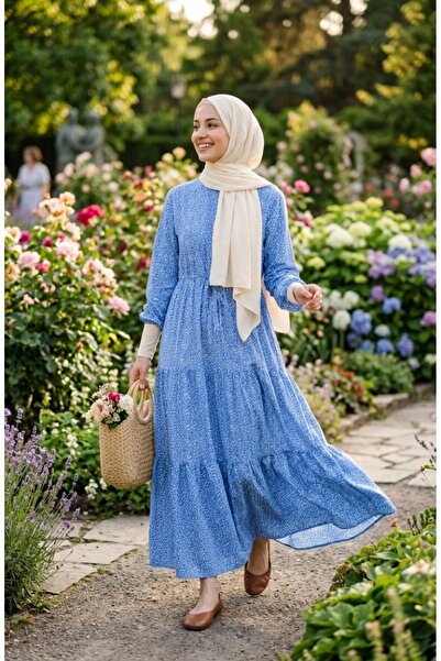 sefamerve Floral Patterned Belted Hijab Dress 0298-02 Navy Blue