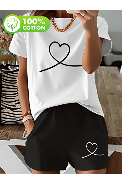 one button Cute Heart Printed Women's Premium Oversize Top and Bottom Set T-S...