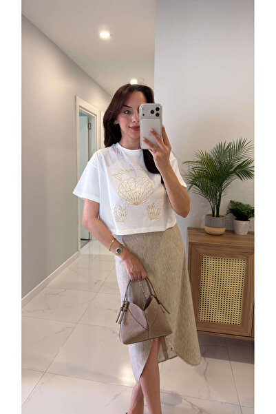 BİRCANÇİL Tricou Widos Ecru cu detalii perlate