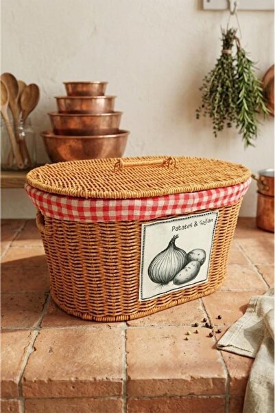 Atbyhome Oval Rattan Wicker Potato Onion Double Compartment Basket Organizer