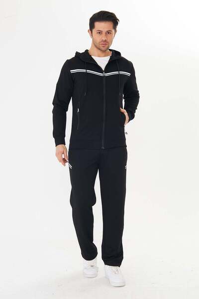TRENDHİLL Men's Cotton Full Zip Hooded Tracksuit Set Black 9529-S