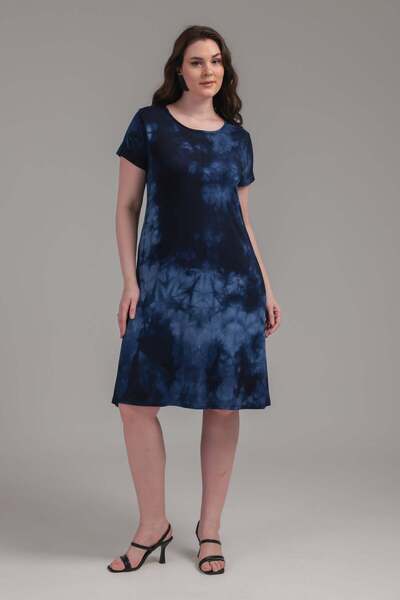 Madwilo Women's Navy Blue Tie-Dye Painting Plus Size Stretchy Midi Dress
