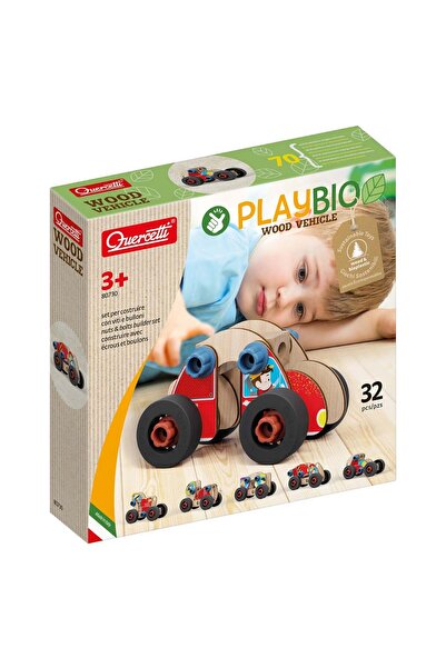 quercetti Set constructie, Quercetti, Vehicule din lemn, Play Bio, 32 piese