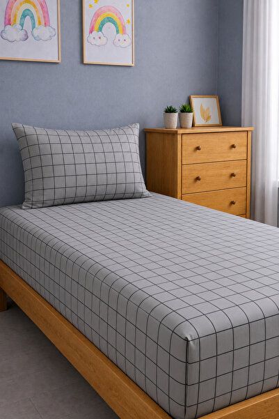 Shopyteks Set cearșafuri pentru pat individual 100x200 cu model pătrat 70% bu...