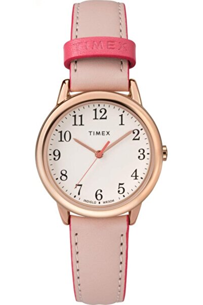 Timex ساعة إيزي ريدر بحزام جلدي 30 ملم للنساء، أنالوج، مينا أبيض، حزام فضي