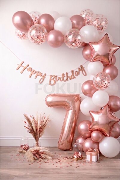 FOKUL Rose Gold Balon Seti 7 Yaş Doğum Günü Parti Seti Happy Birthday Yazı - ...