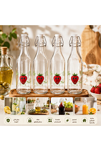Dania Set of 4 Glass Bottles with Tight Lid with Strawberry Design 🍓 |   Mul...