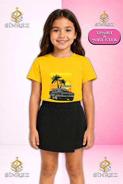 SİNREZ Girl's Set Car Black Palm Smmr Printed Short Sleeve T-Shirt Shorts Skirt