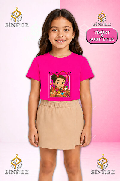 SİNREZ Girl's Set Crn Girl Heart Printed Short Sleeve T-Shirt Shorts Skirt