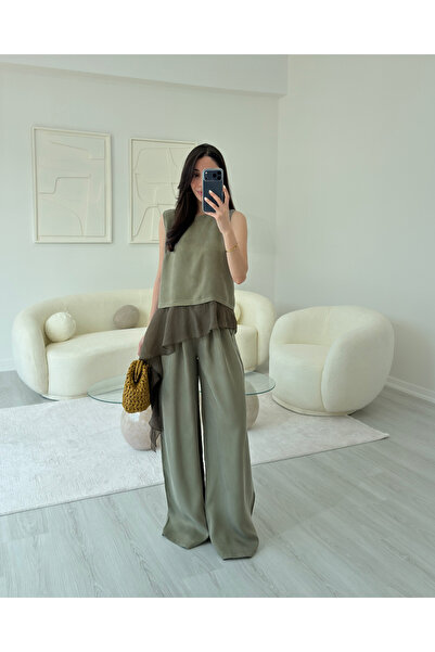 LUUNA STORE Khaki Garnished Blouse Set