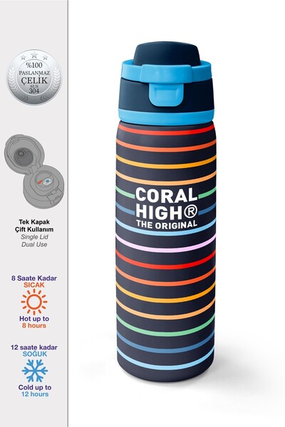 Coral High Multi-Colored Line Patterned Steel Thermos with Straw and Direct D...