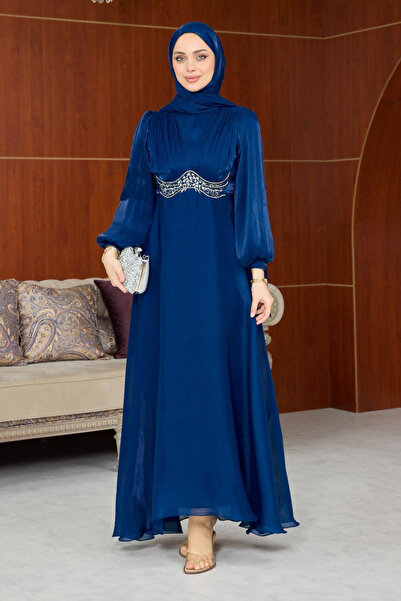 Abiye Diyarı Mosera Janjan Fabric Waist Belted Lined Hijab Evening Dress